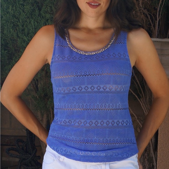 Blue see through sleeveless top w/ rhinestones Size S - Picture 4 of 4